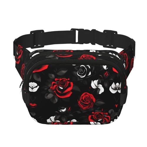Schwarz-Weiß und rote Rosen Druck quadratische Hüfttasche Doppelschicht Hüfttasche trendige Reise Hüfttasche für Männer und Frauen, Schwarz, One Size, schwarzes, One Size von pvinnk