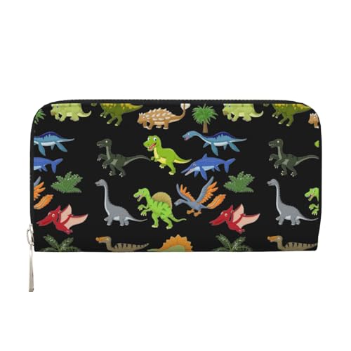 pvinnk Elegante Leder-Handbrieftasche mit Cartoon-Dinosaurier-Bildern, für Damen, große lässige Geldbörse, Reise-Ready-Wallet, Schwarz, Einheitsgröße, Kunst von pvinnk