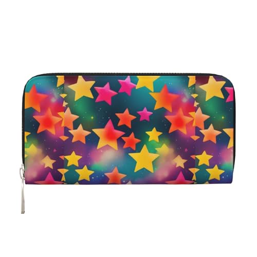 pvinnk Elegante Leder-Handbrieftasche mit buntem Regenbogen-Stern-Druck, große Freizeit-Geldbörse, Reise-Ready-Geldbörse, Schwarz, Einheitsgröße, Kunst von pvinnk