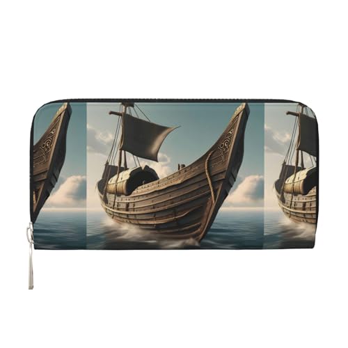 pvinnk Old Viking Boat Print Elegant Leather Hand Wallet Women Capacity Big Casual Wallet Travel Ready Wallet, Schwarz, Einheitsgröße, Kunst von pvinnk