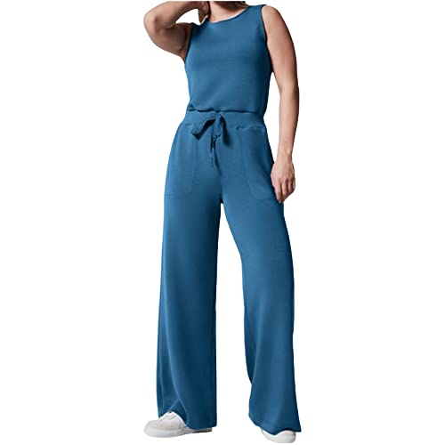 Air Essentials Jumpsuit Damen Elegant Casual Ärmelloser Einfarbiger Jumpsuits für Damen Mit Weitem Bein Rundhals Ausschnitt Jumpsuit Mit Taschen Elastischer Hohen Taille Kordelzug Romper Overall Damen von pvucpot