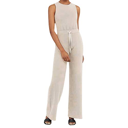 Air Essentials Jumpsuit Damen Elegant Casual Ärmelloser Einfarbiger Jumpsuits für Damen Mit Weitem Bein Rundhals Ausschnitt Jumpsuit Mit Taschen Elastischer Hohen Taille Kordelzug Romper Overall Damen von pvucpot