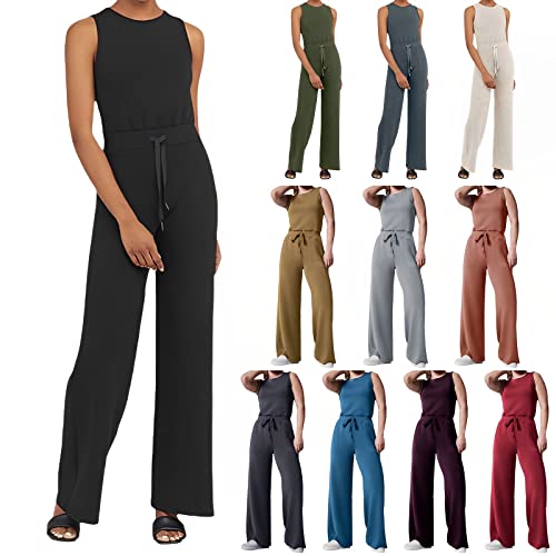 Air Essentials Jumpsuit Damen Elegant Casual Ärmelloser Einfarbiger Jumpsuits für Damen Mit Weitem Bein Rundhals Ausschnitt Jumpsuit Mit Taschen Elastischer Hohen Taille Kordelzug Romper Overall Damen von pvucpot