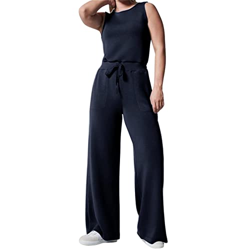 Air Essentials Jumpsuit Damen Elegant Casual Ärmelloser Einfarbiger Jumpsuits für Damen Mit Weitem Bein Rundhals Ausschnitt Jumpsuit Mit Taschen Elastischer Hohen Taille Kordelzug Romper Overall Damen von pvucpot