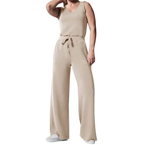 Air Essentials Jumpsuit Damen Elegant Casual Ärmelloser Einfarbiger Jumpsuits für Damen Mit Weitem Bein Rundhals Ausschnitt Jumpsuit Mit Taschen Elastischer Hohen Taille Kordelzug Romper Overall Damen von pvucpot