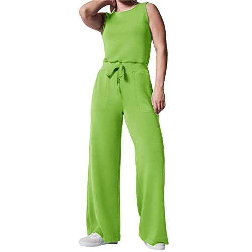 Air Essentials Jumpsuit Damen Elegant Casual Ärmelloser Einfarbiger Jumpsuits für Damen Mit Weitem Bein Rundhals Ausschnitt Jumpsuit Mit Taschen Elastischer Hohen Taille Kordelzug Romper Overall Damen von pvucpot