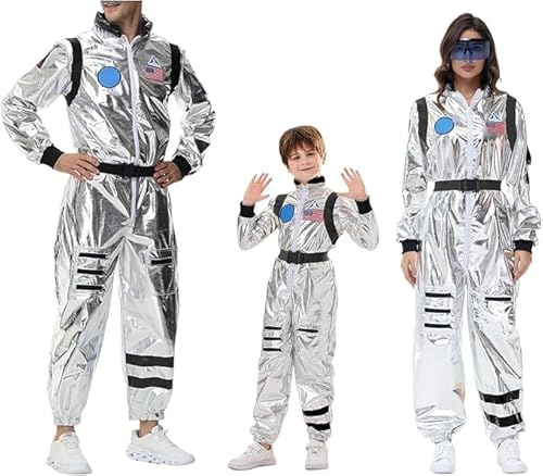 Astronaut Kostüm mit Space Brille Kinder Herren Damen - Silber Astronautenkostüm Overall Weltall Raumfahrer Anzug Spaceman Overall Outfit Weltraum Kostüm Karneval Kostüm Schöne Bescherung Damen von pvucpot
