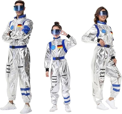 Astronaut Kostüm mit Space Brille Kinder Herren Damen - Silber Astronautenkostüm Overall Weltall Raumfahrer Anzug Spaceman Overall Outfit Weltraum Kostüm Karneval Kostüm Schöne Bescherung Herren von pvucpot