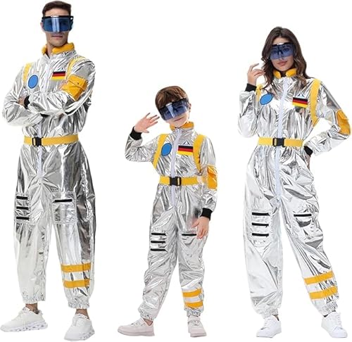 Astronaut Kostüm mit Space Brille Kinder Herren Damen - Silber Astronautenkostüm Overall Weltall Raumfahrer Anzug Spaceman Overall Outfit Weltraum Kostüm Karneval Kostüm Schöne Bescherung Herren von pvucpot