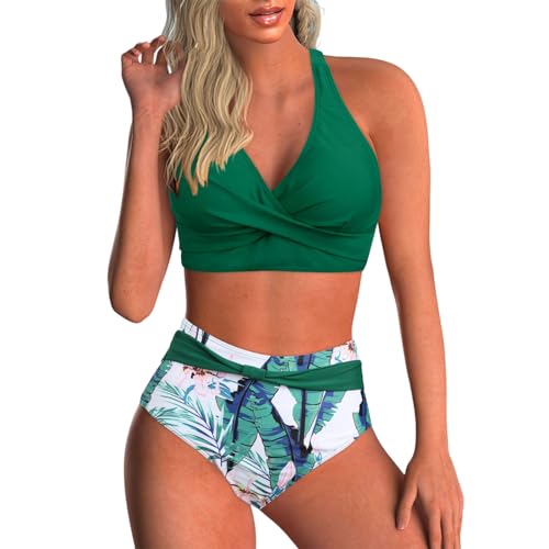 Bikini Damen Bauchweg Große Brüste Badeanzug High Waist Push Up Bikinis für Damen V Ausschnitt Blumenmuster Bademode Bauchkontrolle Zweiteilige Bademode Swimsuit Badeanzug Strand Ties Swimsuit von pvucpot