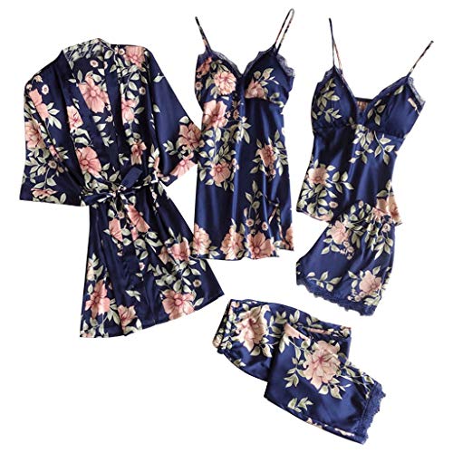 Damen 5 Stücke Satin Schlafanzug Set Spitze Kimono Robe Pyjama Set Sexy Negligee und Shorts Nachthemd 4-teiliges Set, Mit Brustpolster von pvucpot