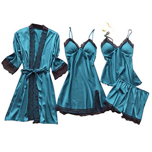 Damen 5 Stücke Satin Schlafanzug Set Spitze Kimono Robe Pyjama Set Sexy Negligee und Shorts Nachthemd 4-teiliges Set, Mit Brustpolster von pvucpot