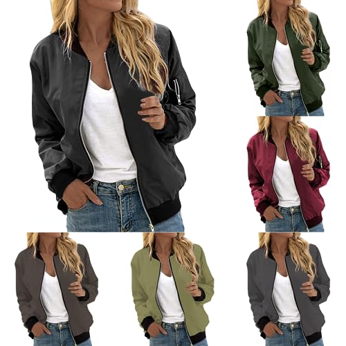 Damen Bomberjacke Casual Kurze Pilotenjacke Langarm Outwear Zip Up Bomber Jacket Solid Leichte Coat Herbst Sweatjacke Frühling Übergangsjacke Bomberjacke Reißverschluss Stehkragen Outwear von pvucpot