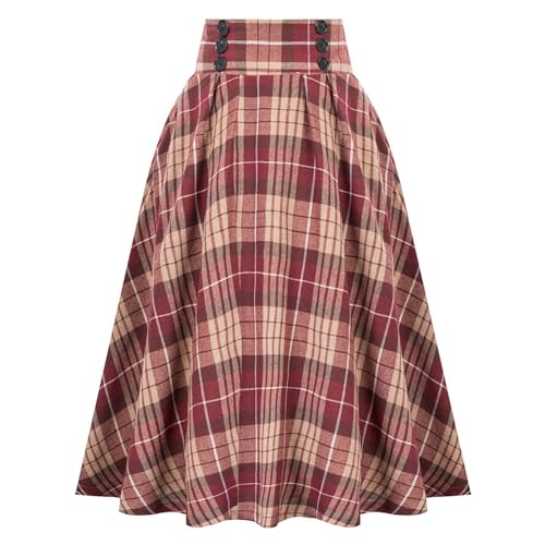 Damen Kariert Rock Retro A Linie High Waist Kammgarn Midirock Faltenröcke Tellerrock Herbst Winterrock Kilt Schottischer Rock Faltenröcke Retro Traditioneller Rock Lang Rock Mode von pvucpot