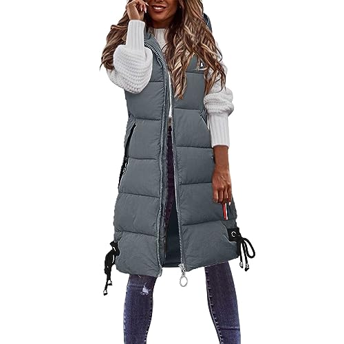 Damen Lang Weste Steppweste Warm Daunenweste Longweste Leichte mit Kapuze Ärmellose Jacke Großer Größe Outdoor Gesteppt Casual Damenweste Steppjacke Wintermantel Daunenmantel Vest von pvucpot