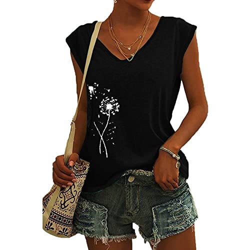 Damen-T-Shirt mit Flügelärmeln Sommer-Tanktop schlicht lässig lockere Passform Blusen Tops Lässiges Loses T-Shirt Bluse Damen Elegant Ärmellose von pvucpot