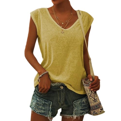 Damen-T-Shirt mit Flügelärmeln Sommer-Tanktop schlicht lässig lockere Passform Blusen Tops Lässiges Loses T-Shirt von pvucpot