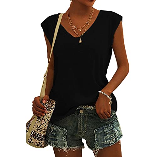 Damen-T-Shirt mit Flügelärmeln Sommer-Tanktop schlicht lässig lockere Passform Blusen Tops Lässiges Loses T-Shirt von pvucpot