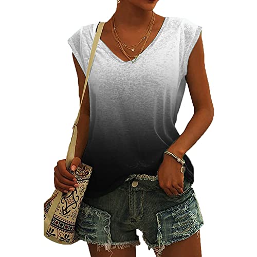 Damen-T-Shirt mit Flügelärmeln Sommer-Tanktop schlicht lässig lockere Passform Blusen Tops Lässiges Loses T-Shirt von pvucpot