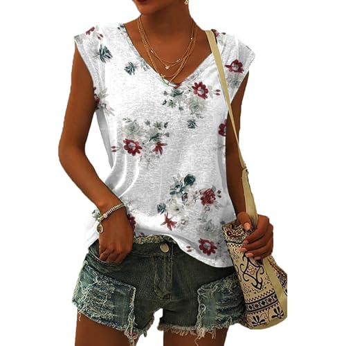 Damen-T-Shirt mit Flügelärmeln Sommer-Tanktop schlicht lässig lockere Passform Blusen Tops Lässiges Loses T-Shirt von pvucpot