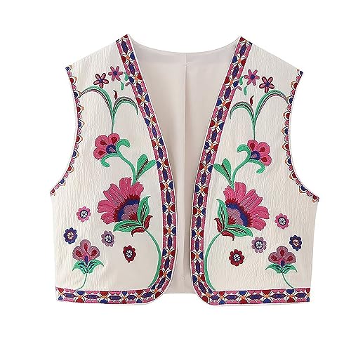 Damen Vintage Blumen Stickerei Kurze Weste Jacke Ärmellose Ethnische Bestickte Weste Traditionelle V-Ausschnitt Boho Westen für Frauen Patchwork Hippie Tops Vest von pvucpot