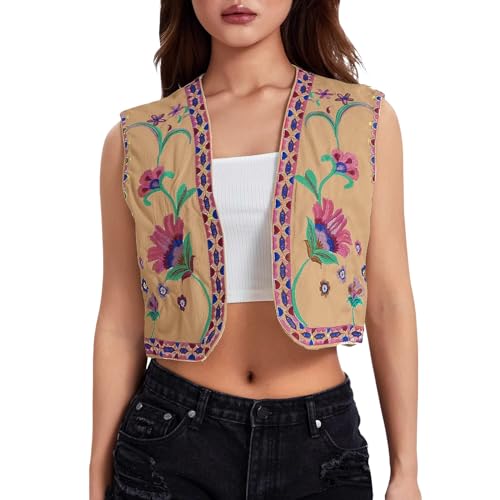 Damen Vintage Blumen Stickerei Kurze Weste Jacke Ärmellose Ethnische Bestickte Weste Traditionelle V-Ausschnitt Boho Westen für Frauen Patchwork Hippie Tops Vest von pvucpot