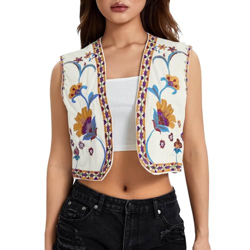 Damen Vintage Blumen Stickerei Kurze Weste Jacke Ärmellose Ethnische Bestickte Weste Traditionelle V-Ausschnitt Boho Westen für Frauen Patchwork Hippie Tops Vest von pvucpot