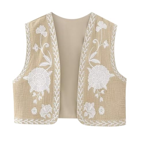 Damen Vintage Blumen Stickerei Kurze Weste Jacke Ärmellose Ethnische Bestickte Weste Traditionelle V-Ausschnitt Boho Westen für Frauen Patchwork Hippie Tops Vest von pvucpot
