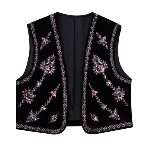 Damen Vintage Blumen Stickerei Kurze Weste Jacke Ärmellose Ethnische Bestickte Weste Traditionelle V-Ausschnitt Boho Westen für Frauen Patchwork Hippie Tops Vest von pvucpot