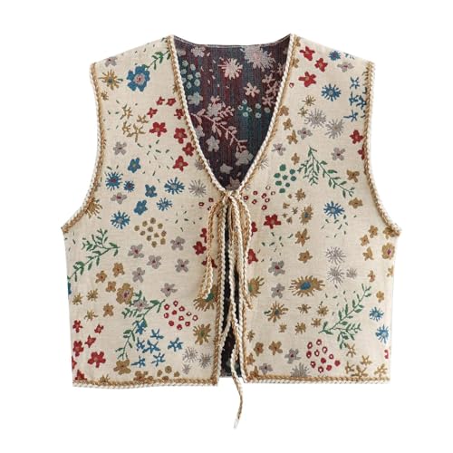Damen Vintage Blumen Stickerei Kurze Weste Jacke Ärmellose Ethnische Bestickte Weste Traditionelle V-Ausschnitt Boho Westen für Frauen Patchwork Hippie Tops Vest von pvucpot