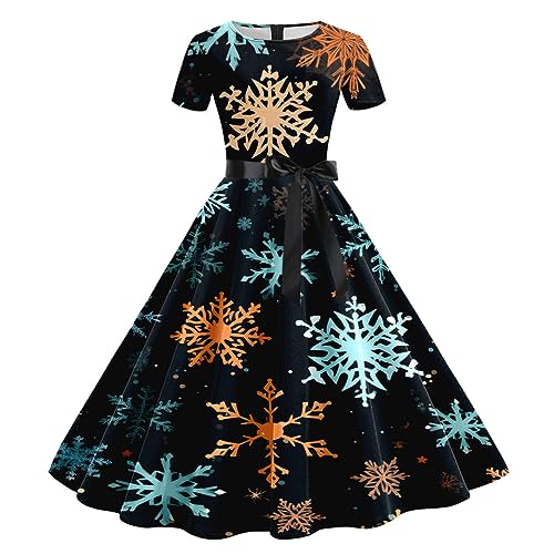 Damen Weihnachten Kleider Kurzarm Weihnachtskleid Vintage Hepburn Cocktailkleid Langarm Weihnachten Druck Partykleid A-Linie Swing Kleid Dress Slim Fit Faltenrock Partykleid von pvucpot