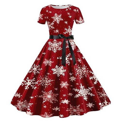 Damen Weihnachten Kleider Kurzarm Weihnachtskleid Vintage Hepburn Cocktailkleid Langarm Weihnachten Druck Partykleid A-Linie Swing Kleid Dress Slim Fit Faltenrock Partykleid von pvucpot