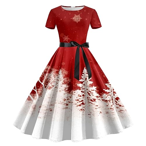 Damen Weihnachten Kleider Kurzarm Weihnachtskleid Vintage Hepburn Cocktailkleid Langarm Weihnachten Druck Partykleid A-Linie Swing Kleid Dress Slim Fit Faltenrock Partykleid von pvucpot
