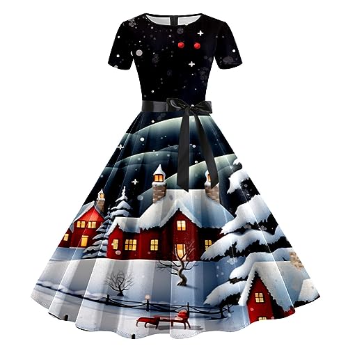 Damen Weihnachten Kleider Kurzarm Weihnachtskleid Vintage Hepburn Cocktailkleid Langarm Weihnachten Druck Partykleid A-Linie Swing Kleid Dress Slim Fit Faltenrock Partykleid von pvucpot