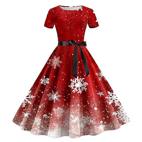 Damen Weihnachten Kleider Kurzarm Weihnachtskleid Vintage Hepburn Cocktailkleid Langarm Weihnachten Druck Partykleid A-Linie Swing Kleid Dress Slim Fit Faltenrock Partykleid von pvucpot