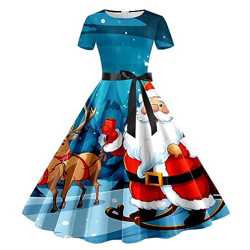 Damen Weihnachten Kleider Kurzarm Weihnachtskleid Vintage Hepburn Cocktailkleid Langarm Weihnachten Druck Partykleid A-Linie Swing Kleid Dress Slim Fit Faltenrock Partykleid von pvucpot