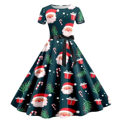 Damen Weihnachten Kleider Kurzarm Weihnachtskleid Vintage Hepburn Cocktailkleid Langarm Weihnachten Druck Partykleid A-Linie Swing Kleid Dress Slim Fit Faltenrock Partykleid von pvucpot