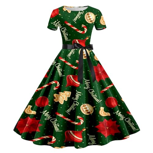 Damen Weihnachten Kleider Kurzarm Weihnachtskleid Vintage Hepburn Cocktailkleid Langarm Weihnachten Druck Partykleid A-Linie Swing Kleid Dress Slim Fit Faltenrock Partykleid von pvucpot