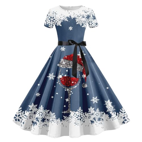 Damen Weihnachten Kleider Kurzarm Weihnachtskleid Vintage Hepburn Cocktailkleid Langarm Weihnachten Druck Partykleid A-Linie Swing Kleid Dress Slim Fit Faltenrock Partykleid von pvucpot