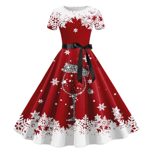 Damen Weihnachten Kleider Kurzarm Weihnachtskleid Vintage Hepburn Cocktailkleid Langarm Weihnachten Druck Partykleid A-Linie Swing Kleid Dress Slim Fit Faltenrock Partykleid von pvucpot