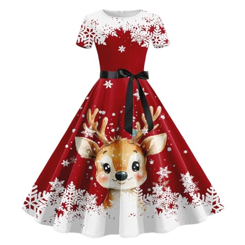 Damen Weihnachten Kleider Kurzarm Weihnachtskleid Vintage Hepburn Cocktailkleid Langarm Weihnachten Druck Partykleid A-Linie Swing Kleid Dress Slim Fit Faltenrock Partykleid von pvucpot