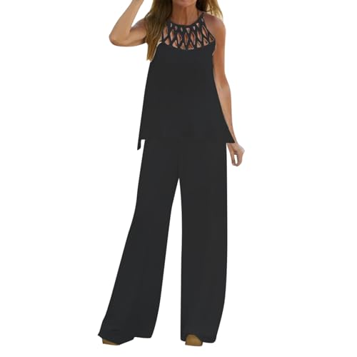 Damen Zweiteilige Outfits Lässiges Sommer Outfits Leinen Crop Tank Top und Hose 2-teilige Rundhals Ärmelloses Freizeitanzug mit Taschen Hosenanzug Lange Leicht Einfarbig Loungewear Freizeit Hause von pvucpot