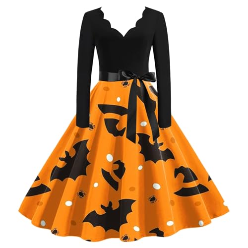 Halloween Swing Kleid für Frauen Gothic Kleidung Damen Halloween Partykleid für Frauen Cocktail Swing Kürbis Fledermaus Hexe Bedruckte Cosplay Hepburn Kleider Halloween KostüMe Damen Gothic von pvucpot