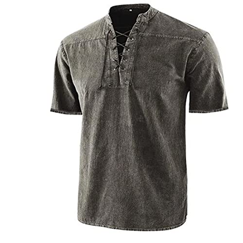 Herren Leinenhemd Traditioneller Retro-Stil Schnürung Kurzarm Shirt von pvucpot