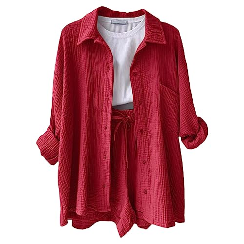 Musselin Bluse Damen Hemd Und Shorts Zweiteiler Einfrabige Sommer Lounge Set Strand Outfit Suit Elegant Aesthetic 2 Teiler Clothes Kleidung Kurz Hosenanzug Damen Zweiteiler Sommer Musselin Bluse von pvucpot