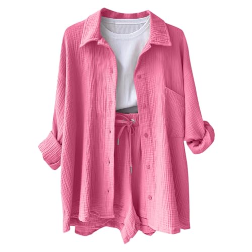 Musselin Zweiteiler Damen Sommer Outfit Musselin Bluse und Shorts 2 Teiler Kleidung Elegant Strand Urlaub Lounge Damen Set Bluse und Shorts Two Piece Set Women Outfit von pvucpot