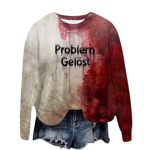 Problem Gelöst Halloween Kostüme Damen I´m Fine Print Rundhals Langarm Pullover mit Blutigem Muster Halloween Kostüme Blutige Wunde Langarmshirt Soft Locker Pulli Oberteile Bluse Gothic von pvucpot