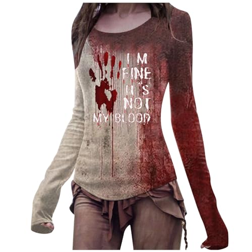 Problem Gelöst Shirt Halloween Kostüm Damen Gruselig Halloween Slim Fit T-Shirt Langarm Rundhals Bloody Horror Tshirt mit Blutigem Aufdruck T-Shirts Oberteile Terrifier Blutig Gothic von pvucpot