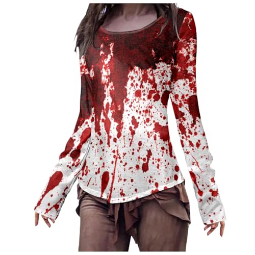 Problem Gelöst Shirt Halloween Kostüm Damen Gruselig Halloween Slim Fit T-Shirt Langarm Rundhals Bloody Horror Tshirt mit Blutigem Aufdruck T-Shirts Oberteile Terrifier Blutig Gothic von pvucpot