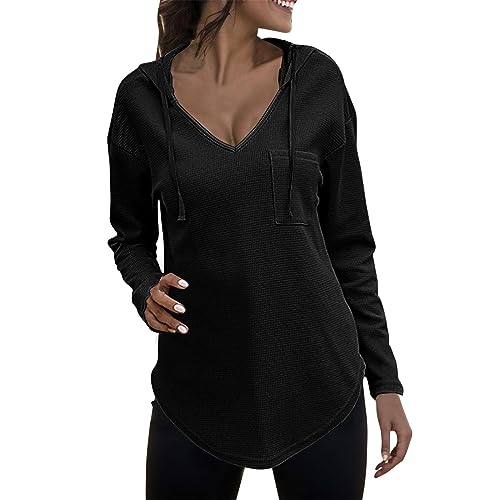 Pullover Damen Hoodie Langarm V Ausschnitt Pullover Sweatshirt Kapuzenpullover Einfarbig Drawstring Top Damen Leichter Pullover Hoodie Sweatshirs mit Taschen für den Herbst Langarm Tops Oberteile von pvucpot